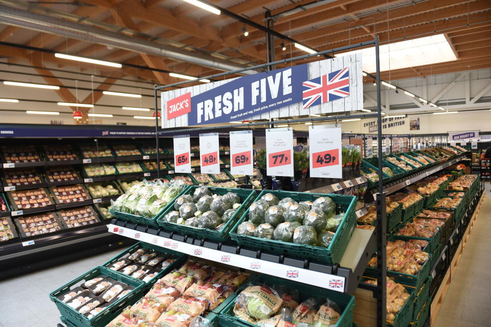 The vegetable aisle at the new Jack's store in Chatteris, Cambridgeshire, which the retailer has launched as part of its centenary celebrations that will see the business mark 100 years in 2019. (Photo by Joe Giddens/PA Images via Getty Images)