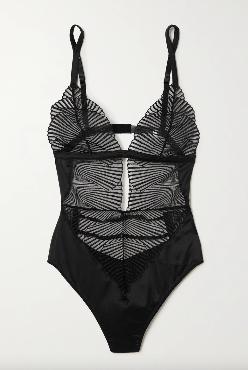 Coco de Mer Athena Tulle and Satin Bodysuit in black on white surface (Photo via Net-A-Porter)