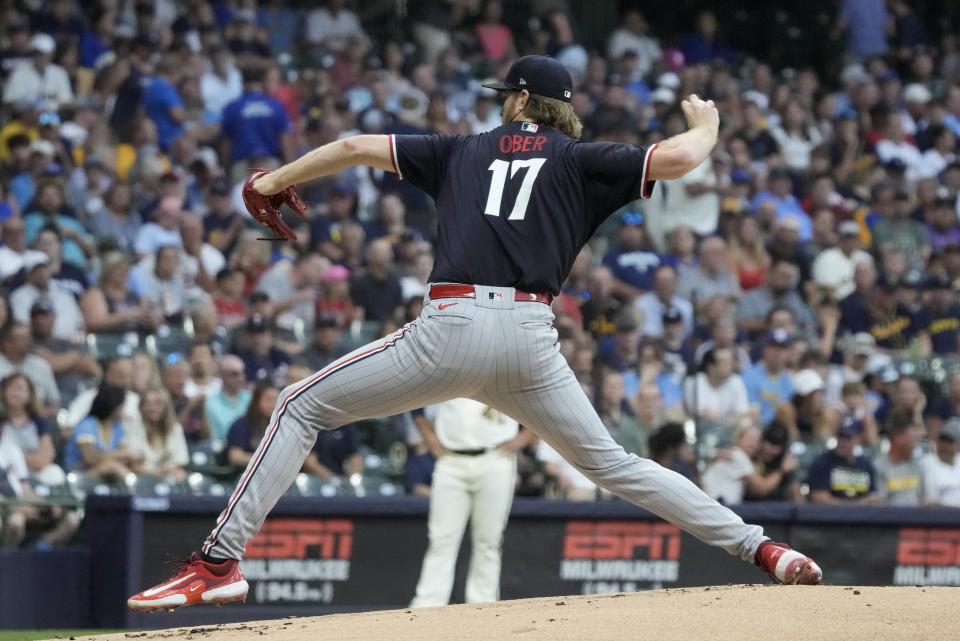 Minnesota Twins starting pitcher Bailey Ober throws during the first inning of a baseball game against the Milwaukee Brewers Tuesday, Aug. 22, 2023, in Milwaukee. (AP Photo/Morry Gash)