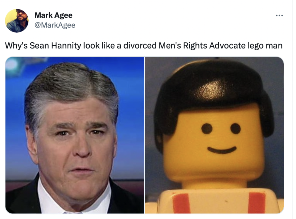 A screenshot of a 2017 tweet by comedy writer Mark Agee accurately noting that Fox News host Sean Hannity looks like a LEGO figure.