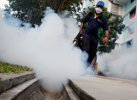 A worker fogs the common area of a public housing estate at a new Zika cluster in Singapore September 1, 2016. REUTERS/Edgar Su