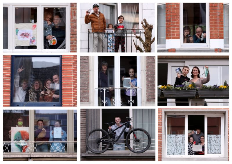 A combination picture of residents posing with an object significant to them during the coronavirus lockdown imposed by the Belgian government in an attempt to slow down the coronavirus disease (COVID-19) outbreak, in Brussels