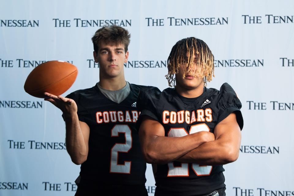 Middle Tennessee Christian School’s Briggs Boyd (2) and Shy Murphy (23) stands for a portrait during Media Day at Nissan Stadium in Nashville, Tenn., Wednesday, July 10, 2024.