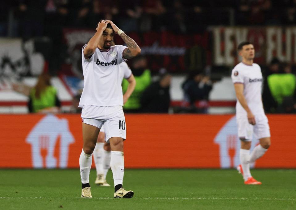 Dejected: West Ham face a tall order to try and overturn a 2-0 deficit against Bayer Leverkusen next week (REUTERS)