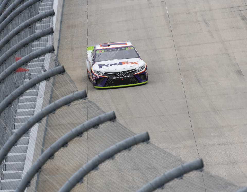 Denny Hamlin competes at the Drydene 400 - Monster Energy NASCAR Cup Series playoff auto race, Sunday, Oct. 6, 2019, at Dover International Speedway in Dover, Del. (AP Photo/Jason Minto)