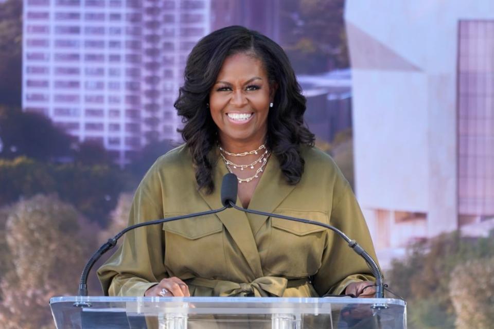 Former first lady Michelle Obama speaks during a groundbreaking ceremony for the Obama Presidential Center Tuesday, Sept. 28, 2021, in Chicago. - Credit: AP