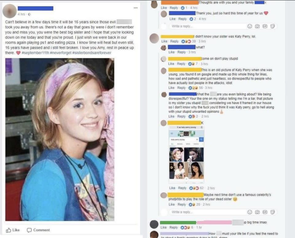 People are claiming this woman uploaded a picture of a young Katy Perry claiming it was her sister who died in the 9/11 terror attacks. Photo: Reddit