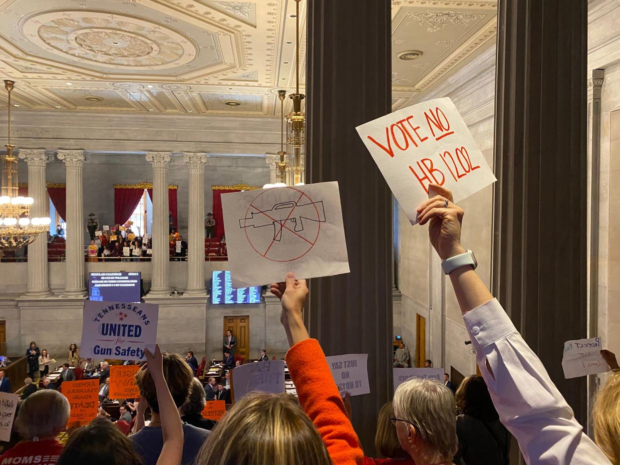 Members of the public urge House lawmakers to vote against a bill allowing armed teachers in Tennessee schools.