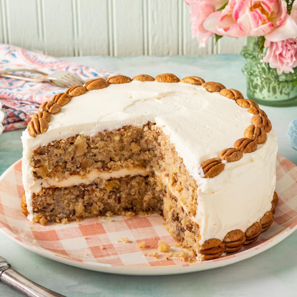 hummingbird cake with cream cheese frosting and pecans