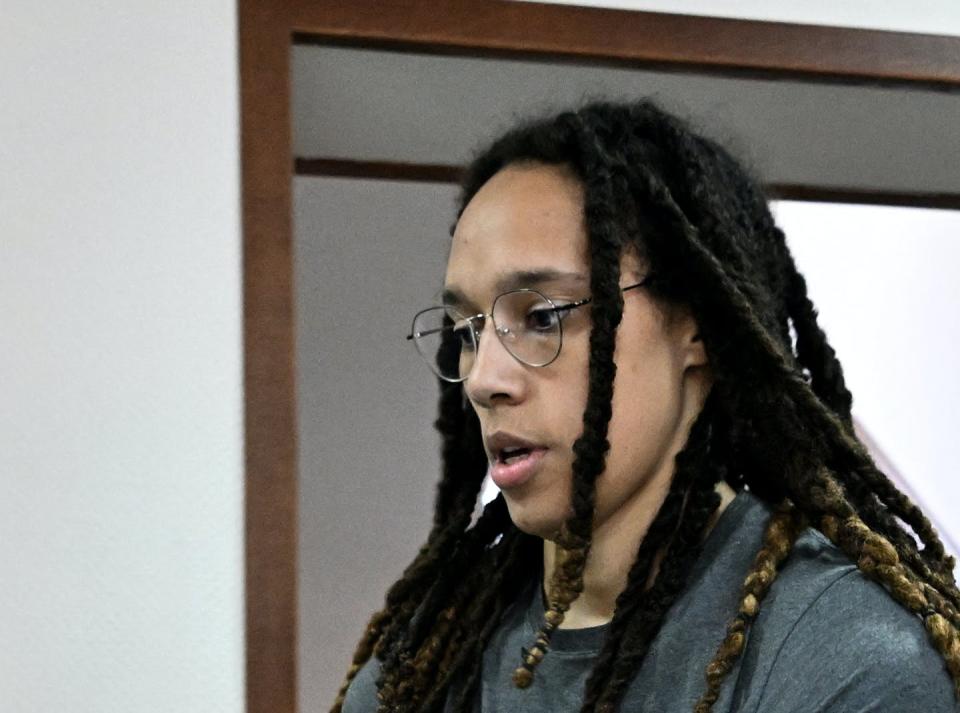 <span class="caption">Brittney Griner appears at a hearing at the Khimki Court outside Moscow on June 27, 2022.</span> <span class="attribution"><a class="link " href="https://www.gettyimages.com/detail/news-photo/basketball-superstar-brittney-griner-arrives-to-a-hearing-news-photo/1241566619?adppopup=true" rel="nofollow noopener" target="_blank" data-ylk="slk:Kirill Kudryavtsev/AFP via Getty Images;elm:context_link;itc:0;sec:content-canvas">Kirill Kudryavtsev/AFP via Getty Images</a></span>