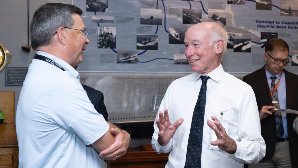 Rep. Joe Courtney, D-Conn., center, speaks to the CEO of General Dynamics Electric Boat, Kevin Graney, on Aug. 17, 2023. (Courtesy of Rep. Joe Courtney)
