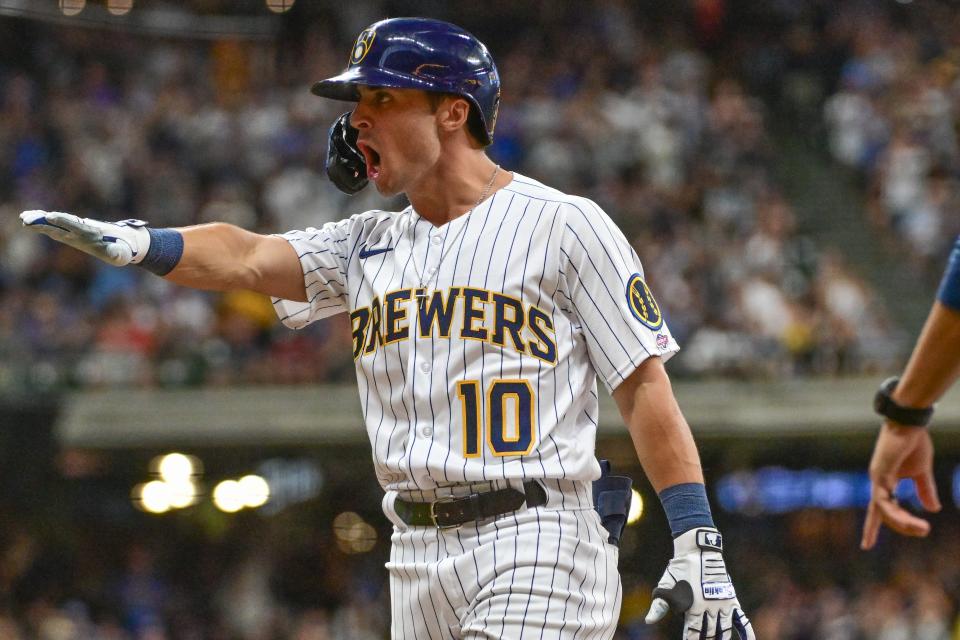 Brewers rightfielder Sal Frelick reacts after driving in a run with a base hit in the sixth inning against the Atlanta Braves at American Family Field.