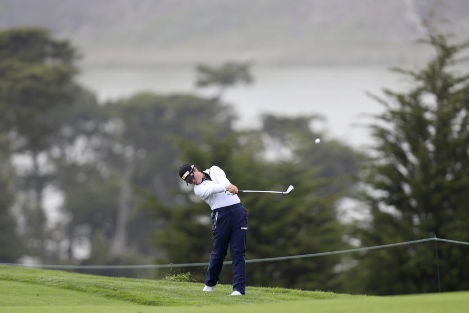 Yuka Saso, of the Philippines, hits from the second fairway during the second round of the U.S. Women's Open golf tournament at The Olympic Club, Friday, June 4, 2021, in San Francisco. (AP Photo/Jed Jacobsohn)