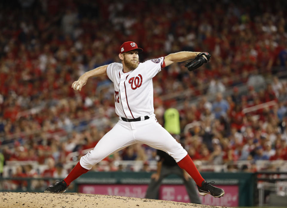 Washington Nationals pitcher Stephen Strasburg throws against the Chicago Cubs in the seventh inning of Game 1 of baseball’s National League Division Series, at Nationals Park, Friday, Oct. 6, 2017, in Washington. Chicago won 3-0. (AP Photo)