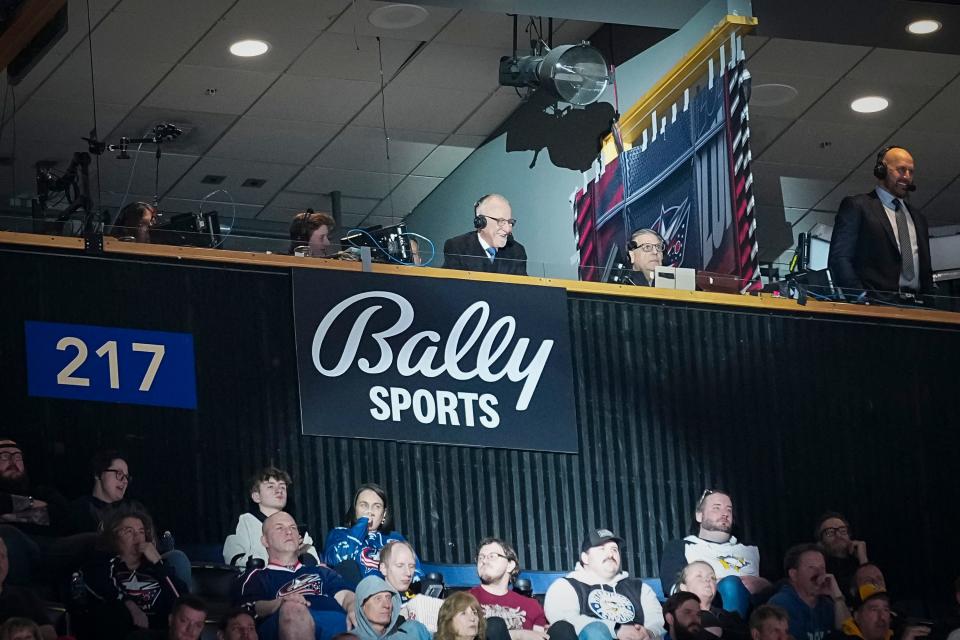 Mar 30, 2024; Columbus, Ohio, USA; Broadcaster Jeff Rimer calls the third period of the NHL hockey game against the Pittsburgh Penguins at Nationwide Arena. Rimer was honored before the game for his retirement at the end of the season.