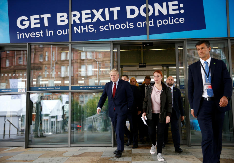 Britain's Prime Minister Boris Johnson is seen outside the venue for the Conservative Party annual conference in Manchester, Britain October 1, 2019.  REUTERS/Henry Nicholls