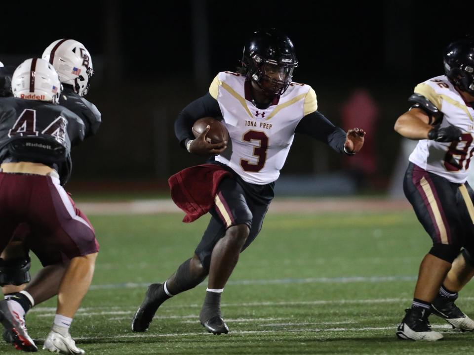 Iona Prep quarterback Ajani Sheppard (3) with a carry during their 42-35 win over Don Bosco at Don Bosco Preparatory High School in Ramsey, N.J. on Friday, September 16, 2022.  