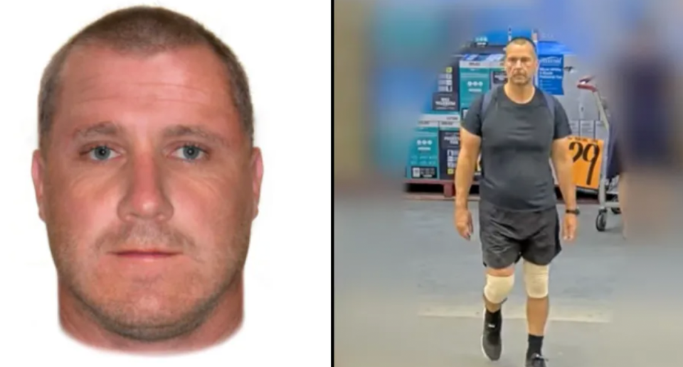 Computer image of what the man looks like was released by police (left) with CCTV footage of him walking through Bunnings (right).