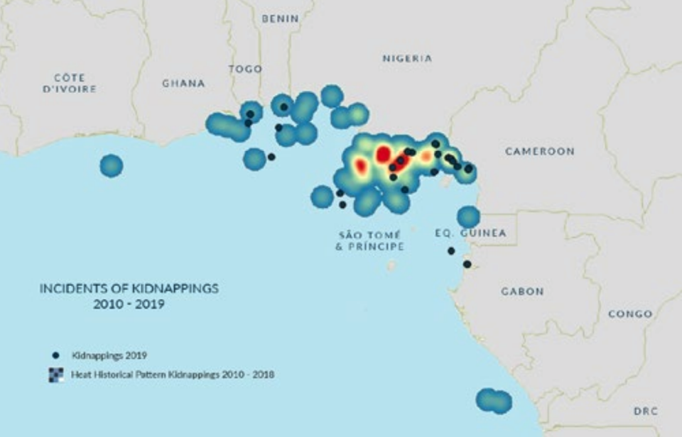 A map showing incidents of kidnapping in the Gulf of Guinea between 2010 and 2019.