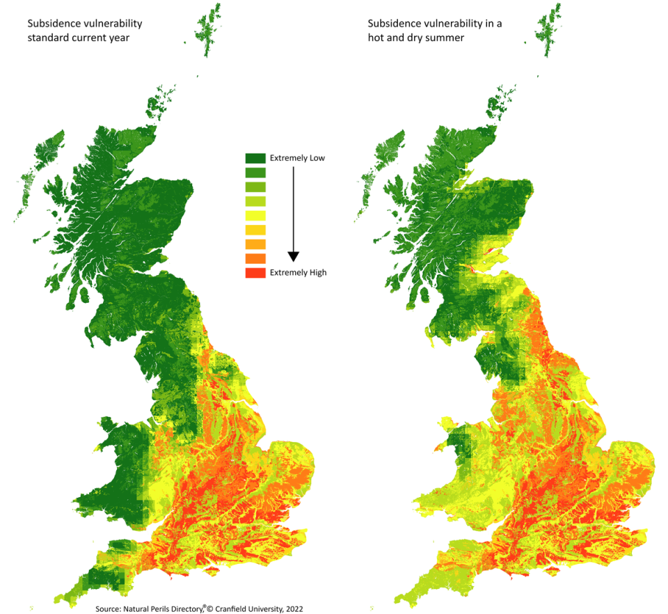 Maps showing subsidence risk in the UK in a normal year (left) and a drought year such as 2022 (right) (Cranfield University)
