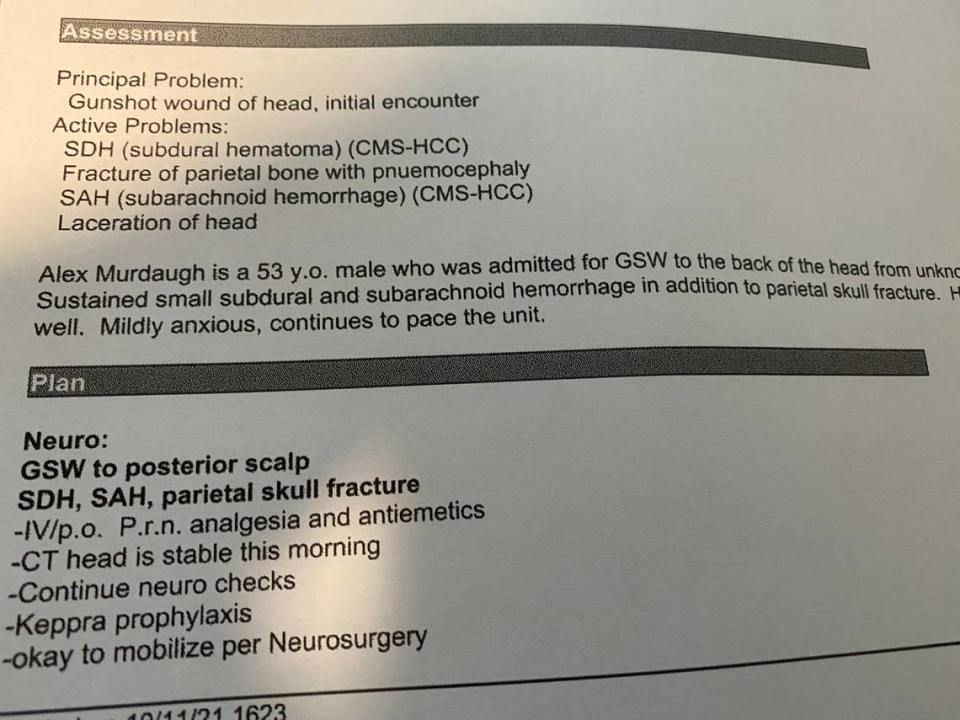 An excerpt from Alex Murdaugh’s medical records discuss his gunshot wound, fractured skull and bleeding in the head after a shooting over Labor Day weekend.