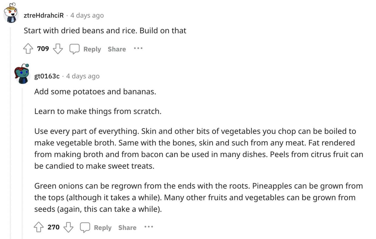 Reddit screenshot about rice and beans being a cheap meal.