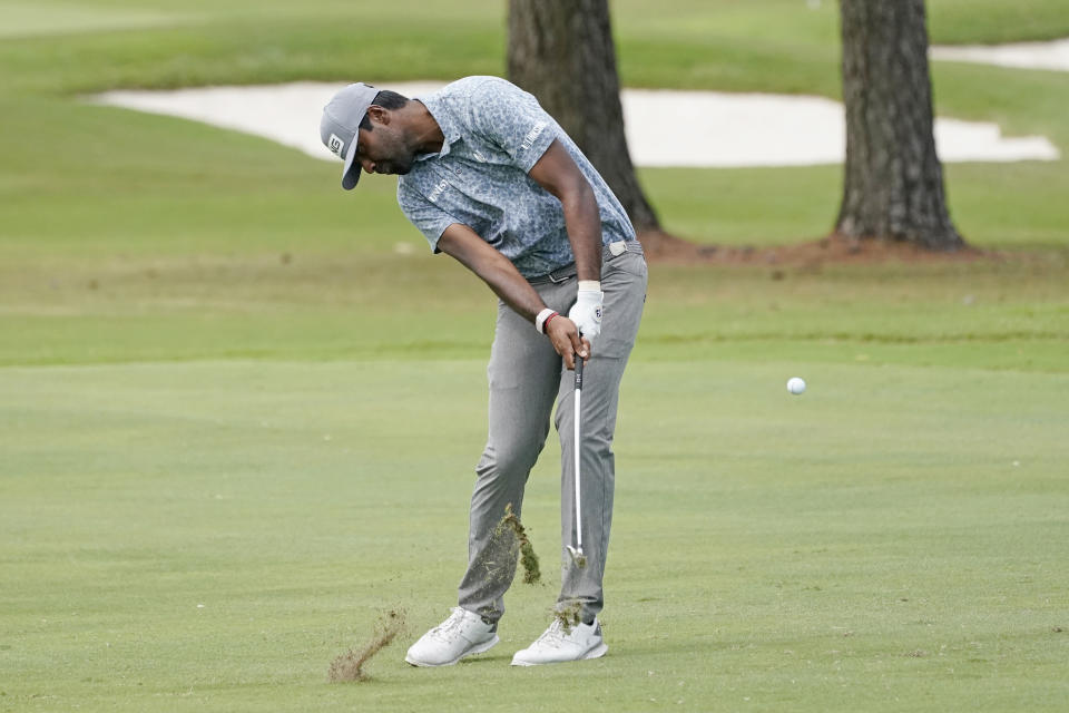 Sahith Theegala hits the ball as he plays down the first fairway during the second round of the Sanderson Farms Championship golf tournament in Jackson, Miss., Friday, Oct. 1, 2021. (AP Photo/Rogelio V. Solis)