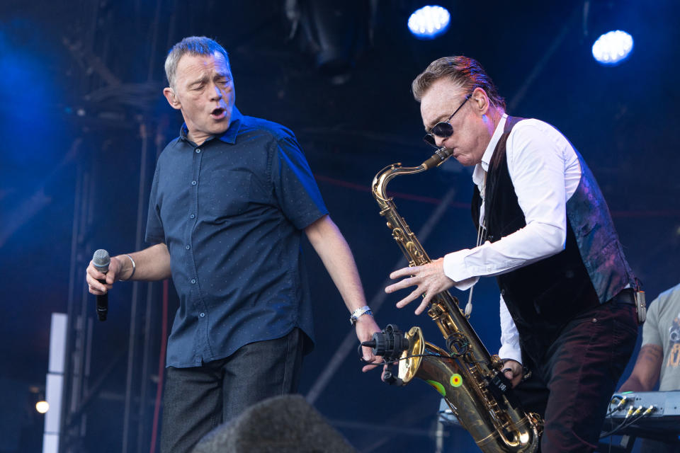 PERTH, SCOTLAND - JULY 22:  Duncan Campbell and Brian Travers of UB40 perform live on stage during Rewind Scotland 2018 at Scone Palace on July 22, 2018 in Perth, Scotland.  (Photo by Lorne Thomson/Redferns)