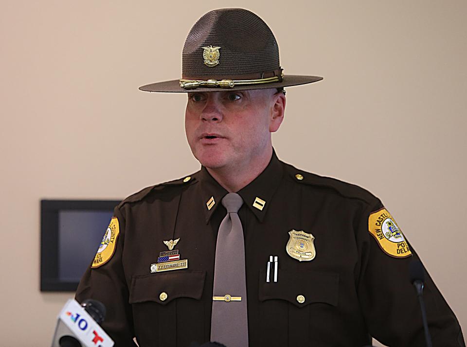 Capt. Jamie Leonard, of the New Castle County Police Department, speaks at a press conference on Thursday April 4, 2024.