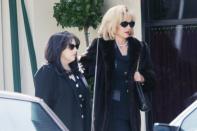 <p>Beanie Feldstein and Mira Sorvino are unrecognizable dressed as Monica Lewinsky and her mother Marcia Lewis while filming <i>American Crime Story: Impeachment </i>in L.A. on Tuesday. </p>