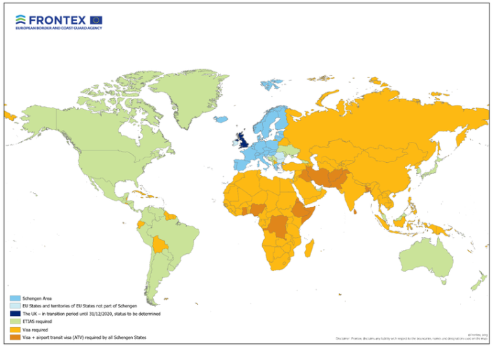 A map showing which citizens will need ETIAS approval to enter the European Union countries that belong to the Schengen Area.  (Credit: Frontex)