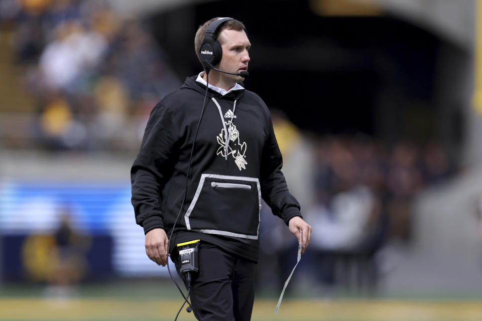 Arizona State head coach Kenny Dillingham stands on the field during the first half of an NCAA college football game against California in Berkeley, Calif., Saturday, Sept. 30, 2023. (AP Photo/Jed Jacobsohn)