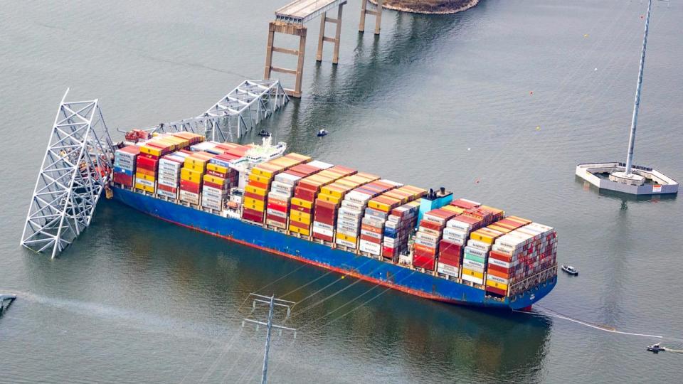 In an aerial view, the cargo ship Dali sits in the water after running into and collapsing the Francis Scott Key Bridge on March 26, 2024 in Baltimore, Maryland. (Photo by Tasos Katopodis/Getty Images) (Tasos Katopodis/Getty Images)