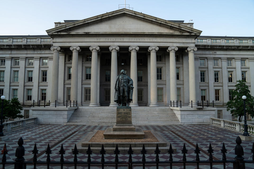 WASHINGTON, DC - JULY 16: The U.S. Treasury Building, photographed on Friday, July 16, 2021 in Washington, DC.  (Kent Nishimura / Los Angeles Times via Getty Images)