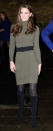 <p>Kate donned an olive Ralph Lauren knitted dress for a charity engagement. She accessorised with a black belt and Aquatalia heeled boots.</p><p><i>[Photo: PA]</i></p>