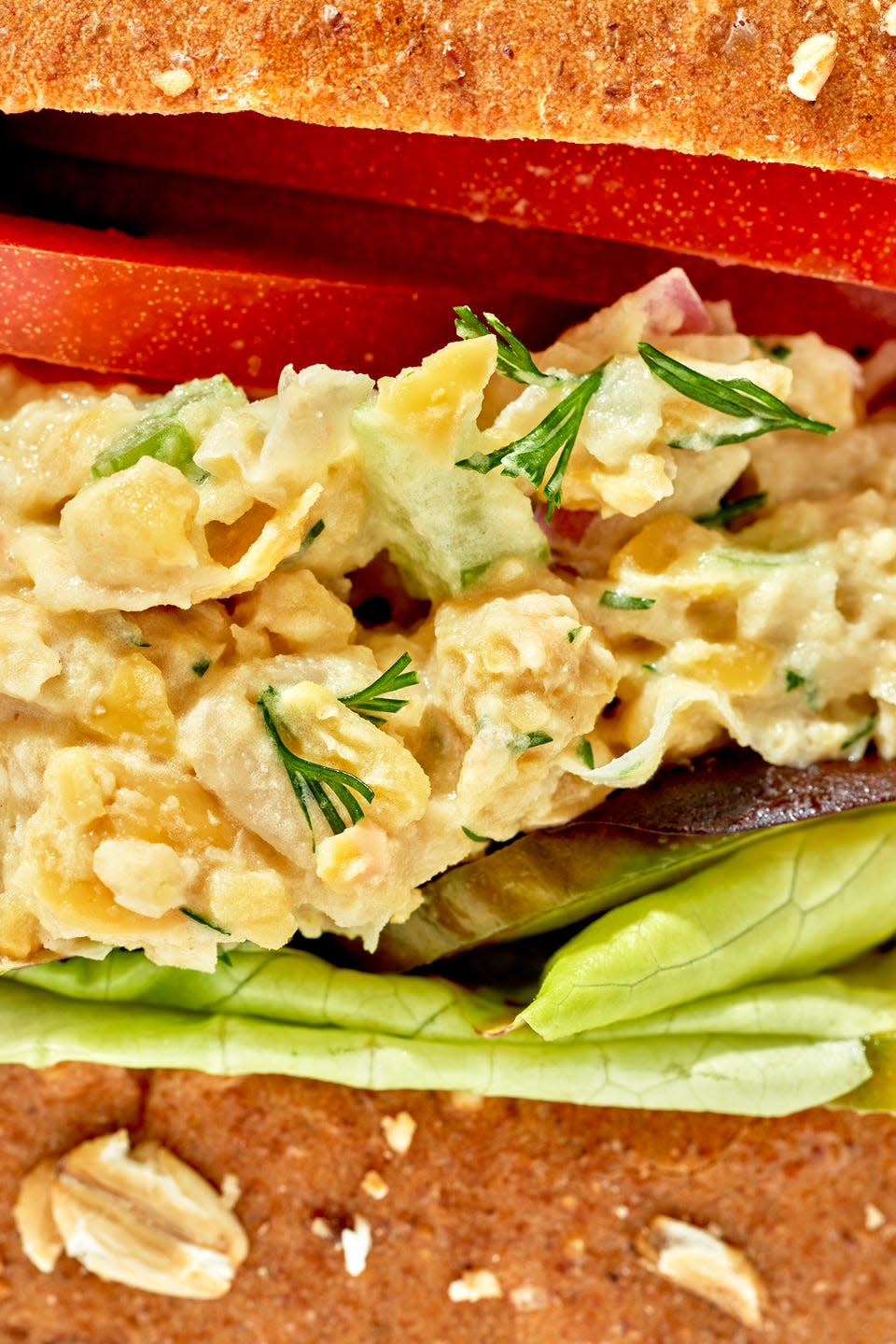 closeup of chickpea tuna salad sandwich