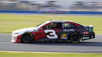 Austin Dillon (3) heads out of a turn during the NASCAR Cup Series road-course auto race at Daytona International Speedway, Sunday, Feb. 21, 2021, in Daytona Beach, Fla. (AP Photo/John Raoux)