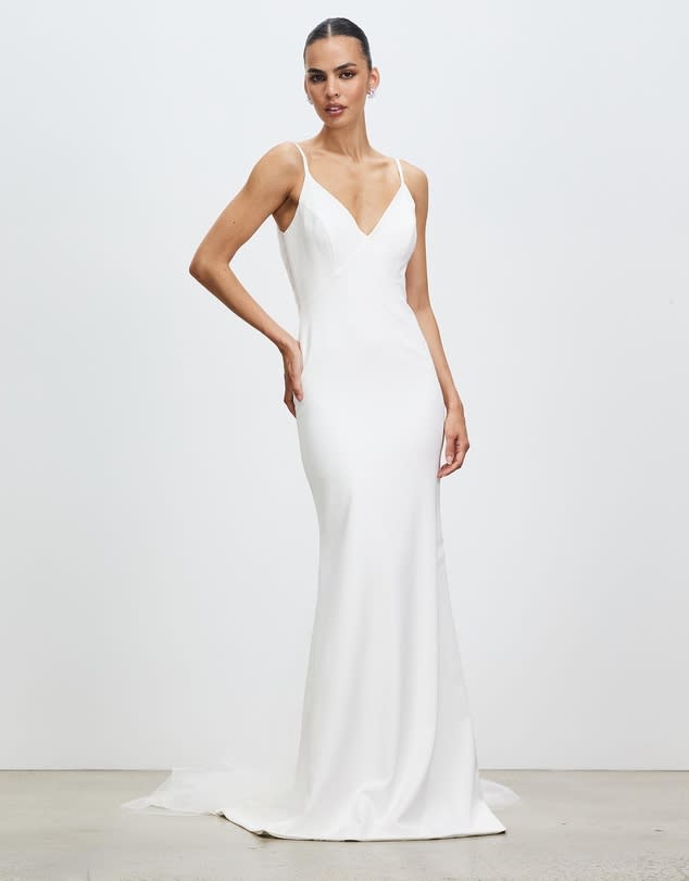 Long white v-necked Moira Hughes, The White Label: The Madison Gown, $1600