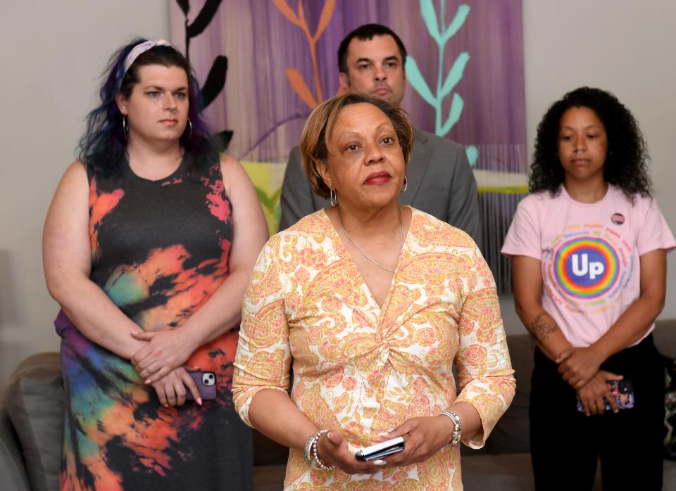 South Carolina State Representative Rosalyn Henderson-Myers, center front, speaks out against Gov. Henry McMaster signing H.4624, which bans certain medical care for transgender youth. South Carolina State Representative Rosalyn Henderson-Myers and others spoke out against the bill at 505 E Main St, Spartanburg.