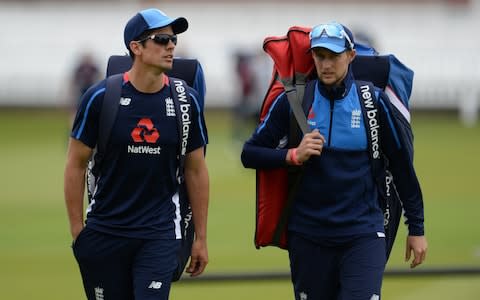 Alastair Cook and Joe Root talk - Credit: Getty images