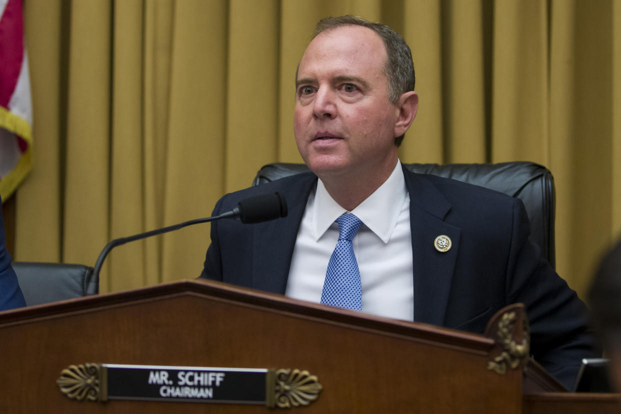 House Intelligence Committee Chairman Adam Schiff, D-Calif., takes his seat to hear testimony from former special counsel Robert Mueller on Wednesday. (AP Photo/Alex Brandon)