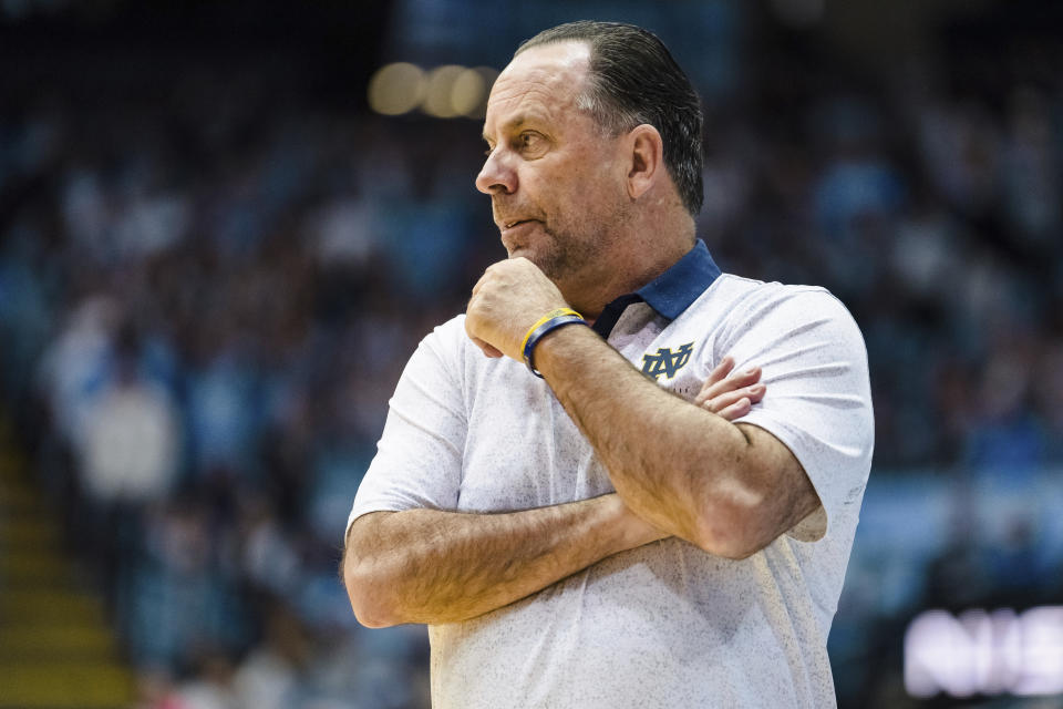 Notre Dame head coach Mike Brey looks on in the first half of an NCAA college basketball game against North Carolina on Saturday, Jan. 7, 2023, in Chapel Hill, N.C. (AP Photo/Jacob Kupferman)