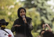Rep. Ilhan Omar, D-MN, addresses a march to defund the Minneapolis Police Department on June 6, 2020.