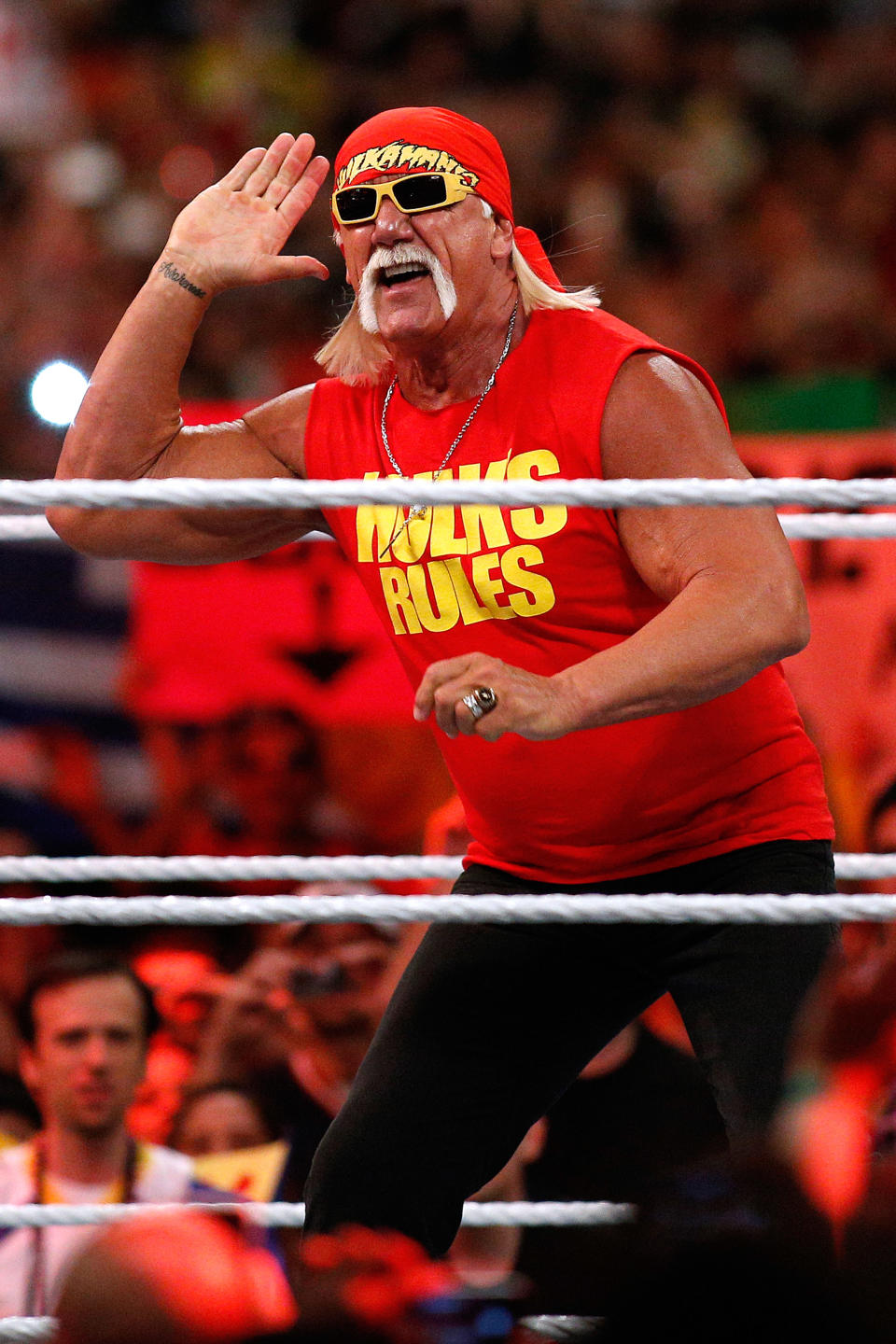 Hulk Hogan reacts during Wrestlemania XXX at the Mercedes-Benz Super Dome in New Orleans on Sunday, April 6, 2014. (Jonathan Bachman/AP Images for WWE)