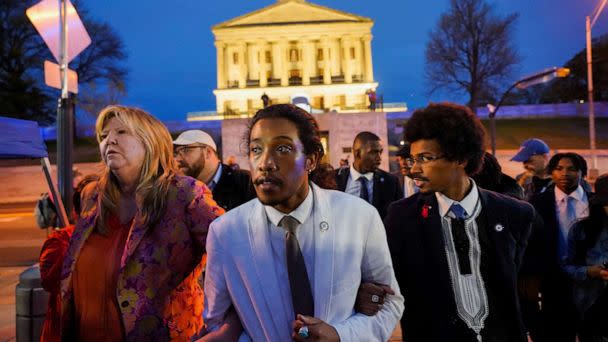 PHOTO: Rep. Justin Pearson, Rep. Justin Jones, and Rep. Gloria Johnson leave the Tennessee State Capitol after a vote at the Tennessee House of Representatives to expel three Democratic members. (Cheney Orr/Reuters)