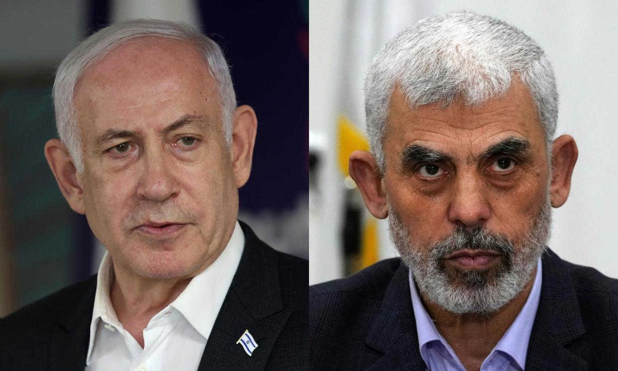 <span>The Jewish Chronicle suggested last week that the Hamas leader in Gaza, Yahya Sinwar (right), may be preparing to flee to Iran with Israeli hostages, a suggestion also made by Benjamin Netanyahu (left).</span><span>Photograph: AP</span>