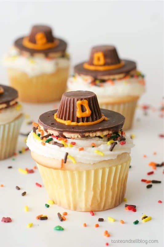 <p>Taste and Tell</p><p> White cupcakes with a classic buttercream are topped with an edible pilgrim hat.</p><p><strong>Get the recipe: </strong><a href="https://www.tasteandtellblog.com/pilgrim-hat-cupcakes/" rel="nofollow noopener" target="_blank" data-ylk="slk:Pilgrim Hat Thanksgiving Cupcakes;elm:context_link;itc:0;sec:content-canvas" class="link "><strong>Pilgrim Hat Thanksgiving Cupcakes</strong></a></p>