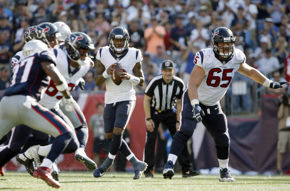Deshaun Watson was dealing in Week 3, topping 300 yards and tossing a pair of TD passes. (AP Photo/Michael Dwyer)