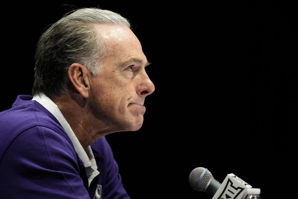 TCU coach Jamie Dixon speaks to the media during the NCAA college Big 12 men's basketball media day Wednesday, Oct. 18, 2023, in Kansas City, Mo. (AP Photo/Charlie Riedel)