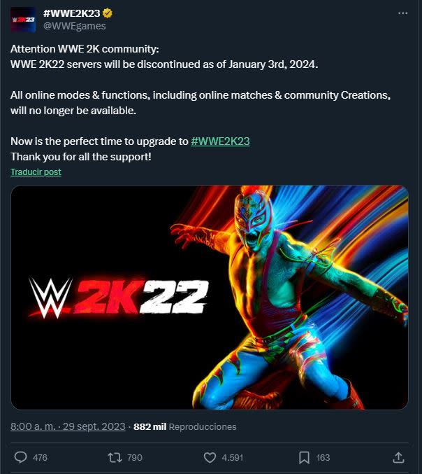 WWE 2K22 le dirá adiós a sus servidores a inicios de 2024